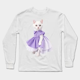 White cat wearing purple dress Long Sleeve T-Shirt